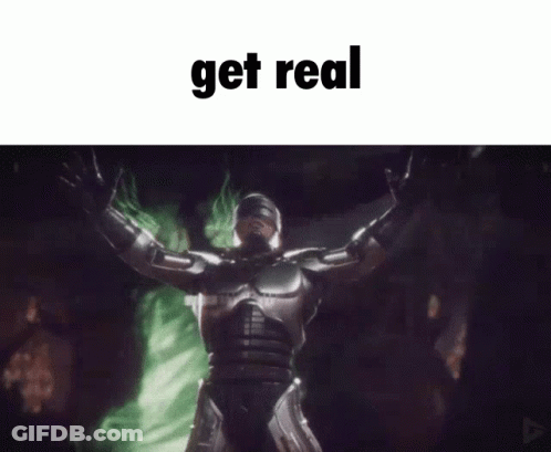 A Robot Is Standing In A Ring With His Arms Outstretched And The Words Get Real Above Him GIF