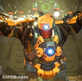 A Robot Is Standing In A Room With Its Arms Outstretched And Glowing Eyes . GIF