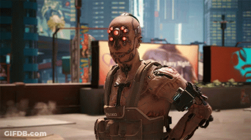 A Robot Is Standing In Front Of A Billboard That Says " Every Night " GIF