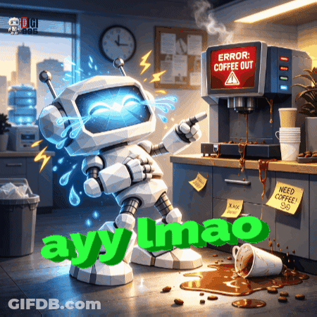 A Robot Is Standing In Front Of A Coffee Machine That Says Error Coffee Out On It GIF