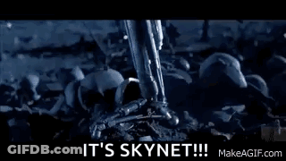 A Robot Is Standing In Front Of A Fire With The Words `` It 'S Skynet '' Written On The Bottom . GIF