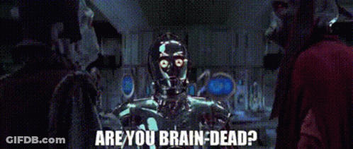 A Robot Is Standing In Front Of A Group Of People And Asking Are You Brain Dead ? GIF