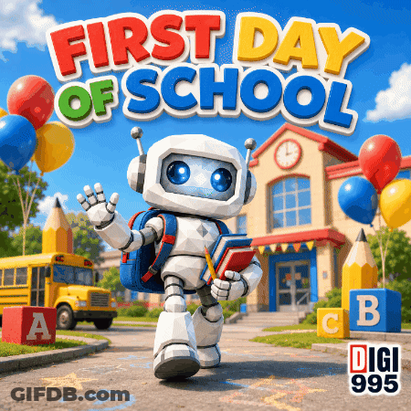 A Robot Is Standing In Front Of A School With The Words First Day Of School Written Above Him GIF