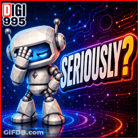 A Robot Is Standing In Front Of A Sign That Reads Seriously GIF