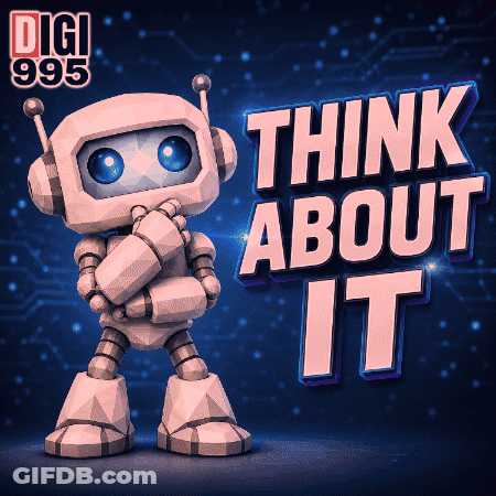 A Robot Is Standing In Front Of A Sign That Says " Think About It " GIF