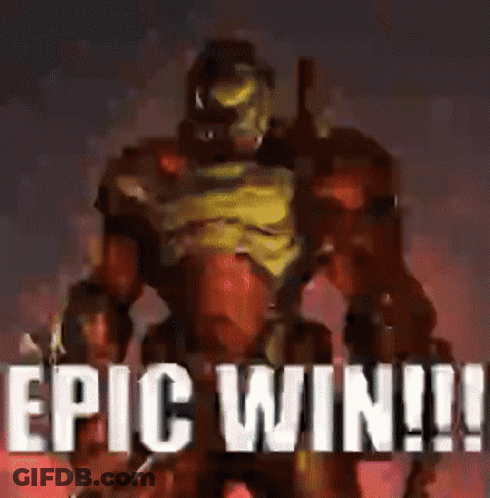 A Robot Is Standing In Front Of The Words Epic Win !! GIF