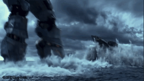 A Robot Is Standing In The Middle Of A Body Of Water . GIF