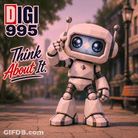 A Robot Is Standing On A Sidewalk In Front Of A Sign That Says " Think About It " GIF