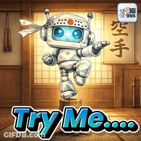 A Robot Is Standing On A Stump With The Words Try Me Below It GIF