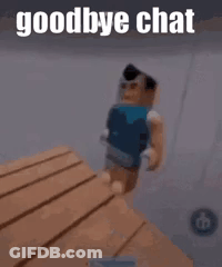 A Robot Is Standing On A Wooden Table With The Words `` Goodbye Chat '' Written On It . GIF