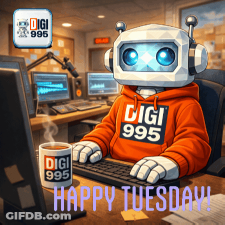 Robot Typing On Computer With Digi Mug GIF