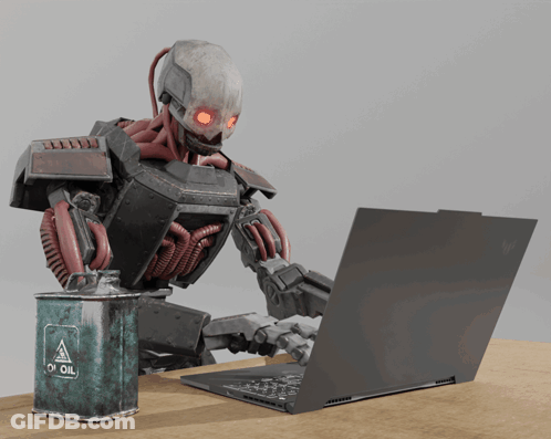 A Robot Is Typing On A Laptop Next To A Can That Says Oil On It GIF