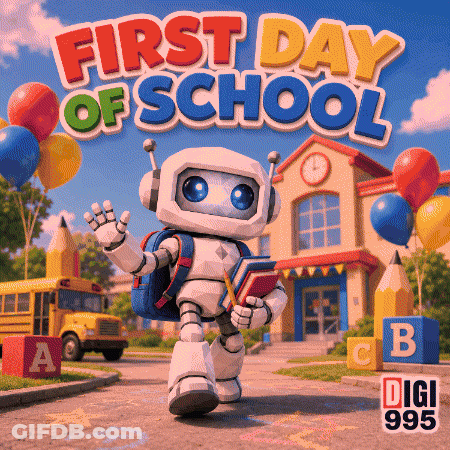 A Robot Is Waving In Front Of A School With The Words First Day Of School Behind Him GIF