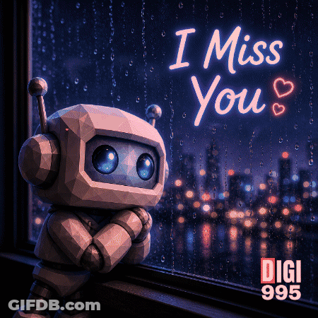 A Robot Looking Out A Window With The Words " I Miss You " On It GIF