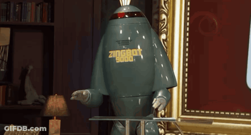 A Robot Named Zingbot 9000 Is Standing In Front Of A Picture GIF