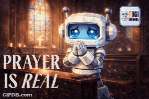 A Robot Praying In A Church With The Words " Prayer Is Real " Below It GIF