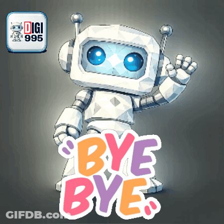 A Robot Says Bye Bye Next To An App Icon For Digi 995 GIF