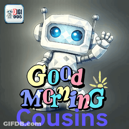 A Robot Says Good Morning Cousins In A Colorful Cartoon GIF