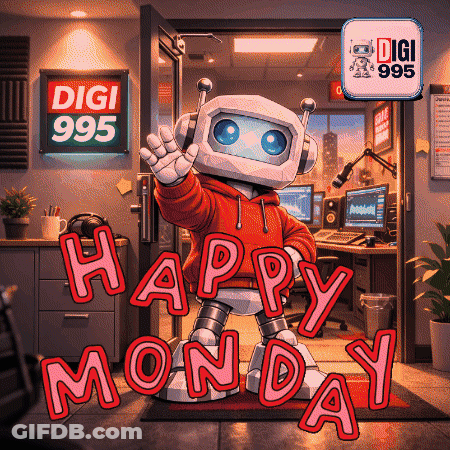 A Robot Says Happy Monday In Front Of A Sign That Says Digi 995 GIF