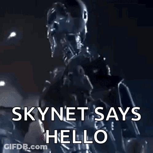 A Robot Says Skynet Says Hello With A Purple Light Behind Him GIF