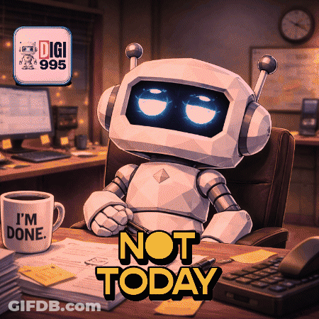A Robot Sits At A Desk Next To A Coffee Mug That Says I 'M Done GIF