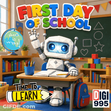 A Robot Sits At A Desk With The Words First Day Of School Above Him GIF