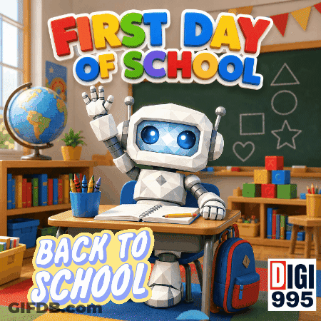 A Robot Sits At A Desk With The Words First Day Of School Back To School Below It GIF