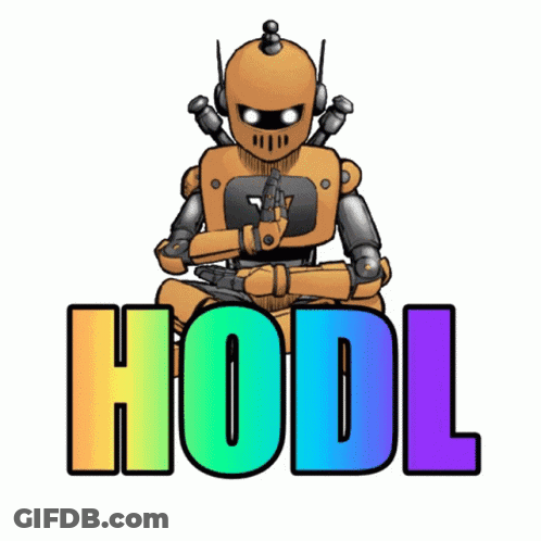 A Robot Sits In A Lotus Position With The Word Hodl Written Below It GIF