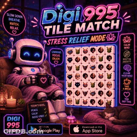 A Robot Sits On A Couch With A Cup Of Coffee In Front Of A Screen That Says Digi 995 Tile Match Stress Relief Mode GIF