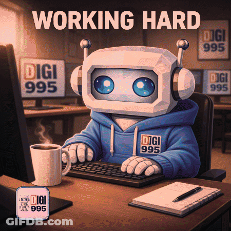 A Robot Sitting At A Desk With A Cup Of Coffee And The Words Working Hard GIF