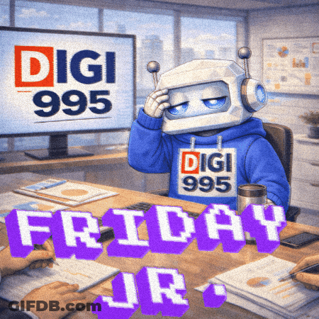 A Robot Sitting At A Desk With The Words Friday Jr GIF