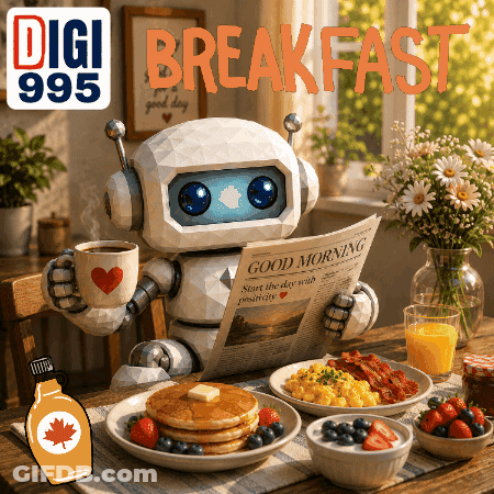 A Robot Sitting At A Table Reading A Newspaper And Holding A Cup Of Coffee GIF
