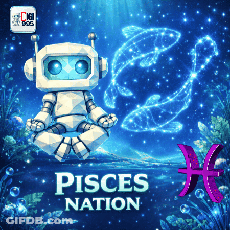 A Robot Sitting In A Lotus Position With The Word Pisces Nation Below It GIF