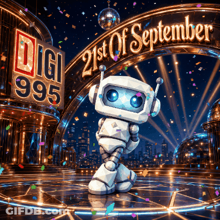 A Robot Stands In Front Of A Sign That Says 21St Of September GIF