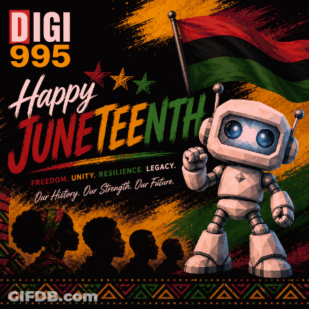 A Robot Stands In Front Of A Sign That Says Digi 995 Happy Juneteenth GIF