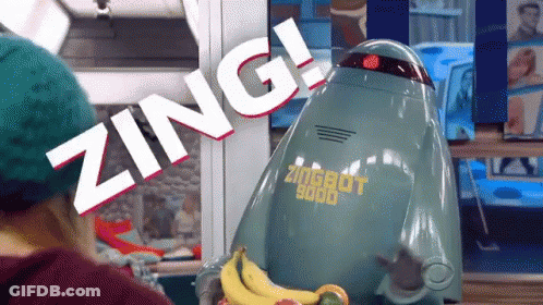 A Robot That Says Zingbot 9000 Is Holding Bananas GIF