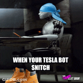 A Robot Wearing A Blue Bandana Sits At A Desk With The Caption When Your Tesla Bot Snitch On It GIF