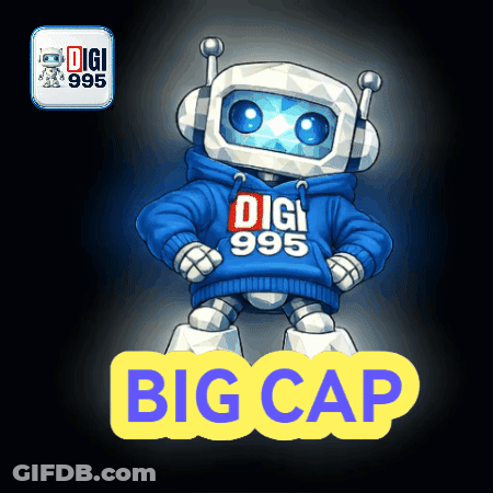 A Robot Wearing A Blue Hoodie That Says Digi 995 On It GIF