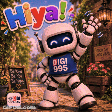 A Robot Wearing A Blue Shirt That Says Digi 995 On It GIF