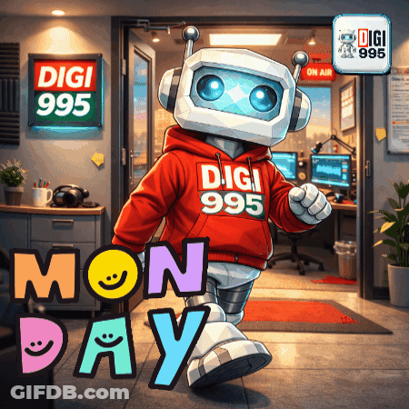 A Robot Wearing A Digi 985 Hoodie Stands In Front Of A Digi 985 Sign GIF