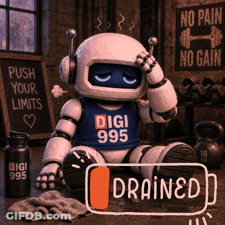 A Robot Wearing A Digi 985 Shirt Sits On The Floor GIF