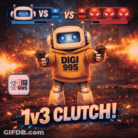 A Robot Wearing A Digi 995 Hoodie Holds Two Guns GIF