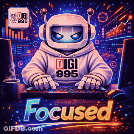 A Robot Wearing A Digi 995 Hoodie Is Typing On A Computer Keyboard GIF