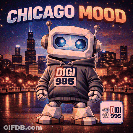 A Robot Wearing A Digi 995 Hoodie Stands In Front Of A City GIF