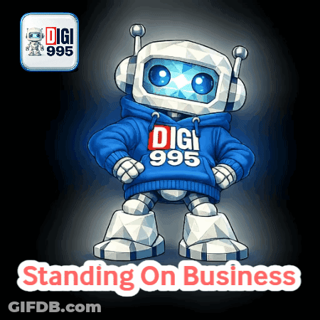 A Robot Wearing A Digi 995 Hoodie Stands On Business GIF