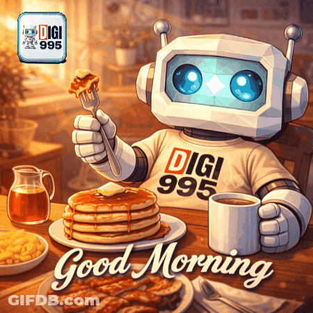 A Robot Wearing A Digi 995 Shirt Is Eating Pancakes And Holding A Fork GIF