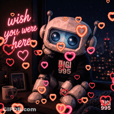 A Robot Wearing A Digi 995 Sweater Sits In Front Of A Neon Sign That Says Wish You Were Here GIF