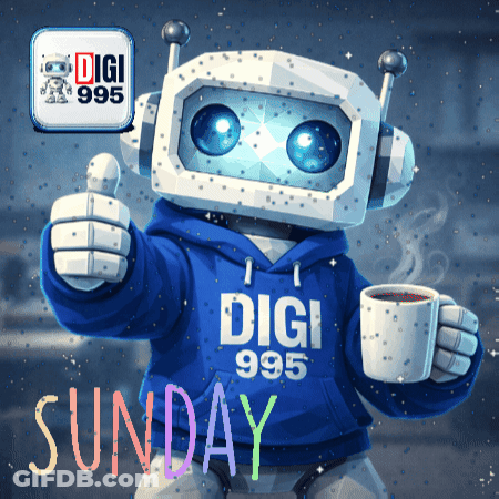 A Robot Wearing A Digi 995 Sweatshirt Holds A Cup Of Coffee And Gives A Thumbs Up GIF