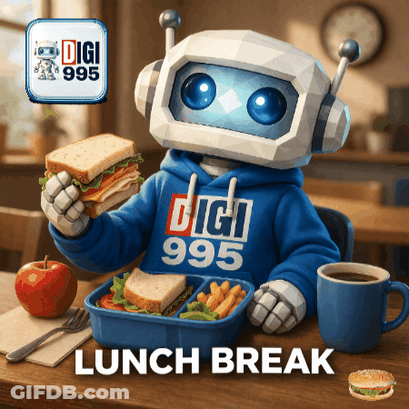 A Robot Wearing A Digi 995 Sweatshirt Holds A Sandwich GIF