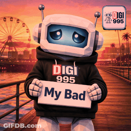 A Robot Wearing A Digi 995 Sweatshirt Holds A Sign That Says My Bad GIF